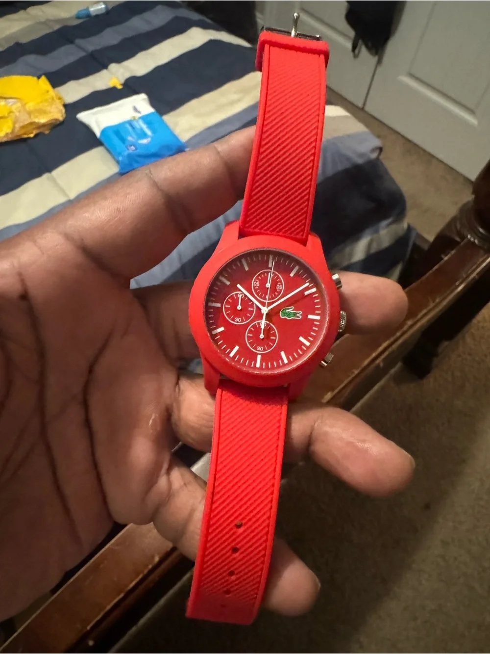 Lacoste Red Silicone Chronograph Men's Watch with Green Logo only worn once